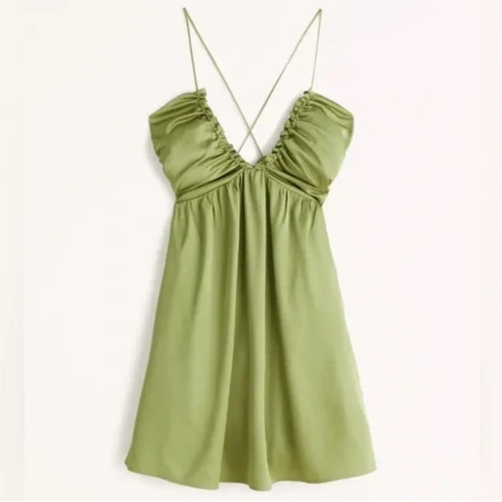 Abercrombie & Fitch Green Satin Drama Ruched Mini Dress